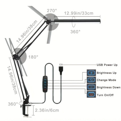 14W LED Desk Lamp Eye-Care Metal Swing Arm 3 Color Dimmable Clamp
