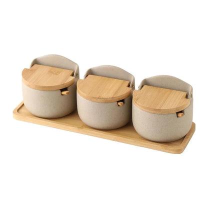 Japanese Ceramic Spice Jar with Bamboo Lid & Spoon - Kitchen Storage