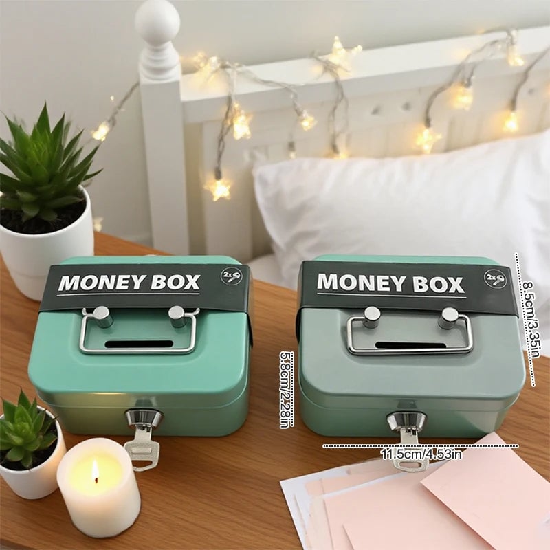 Metal Piggy Bank Box with Lock & Key - Portable Coin Money Safe