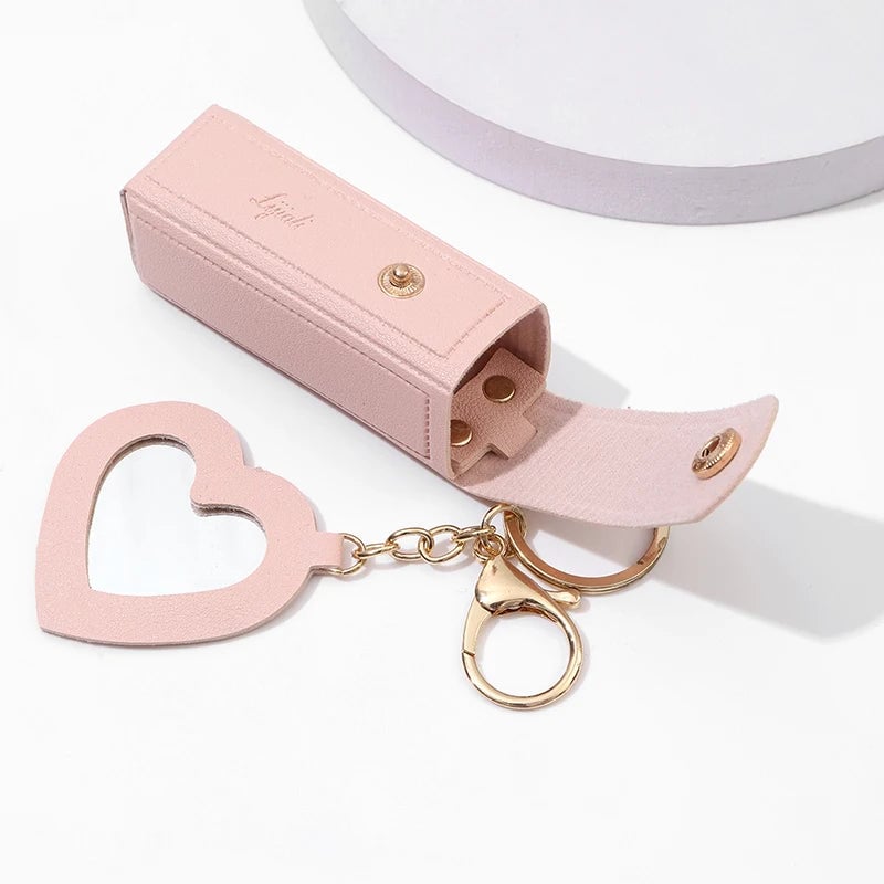 Leather Lipstick Pouch with Mirror & Keychain - Protective Makeup Bag