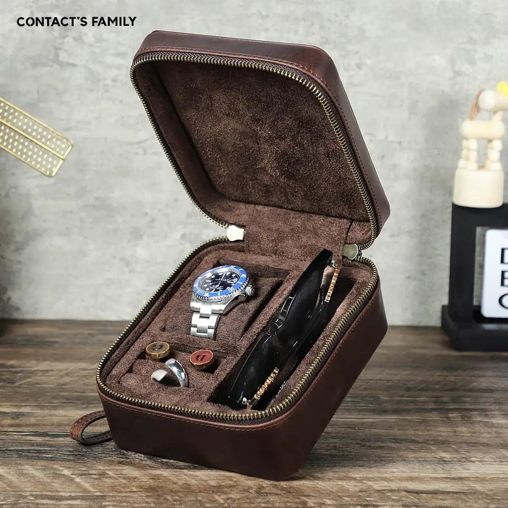 Genuine Leather Multi-Compartment Jewelry Storage Box for Watches