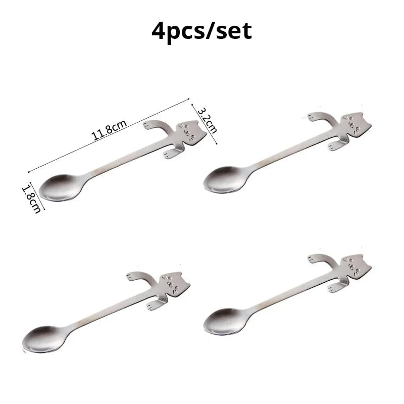 4pc Stainless Steel Mini Cat Kitten Coffee Tea Dessert Spoons Set