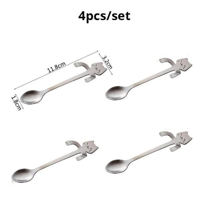4pc Stainless Steel Mini Cat Kitten Coffee Tea Dessert Spoons Set