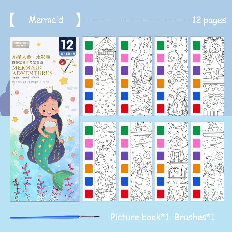 12-Sheet Portable Watercolor Book with Brush - Kids Art Set