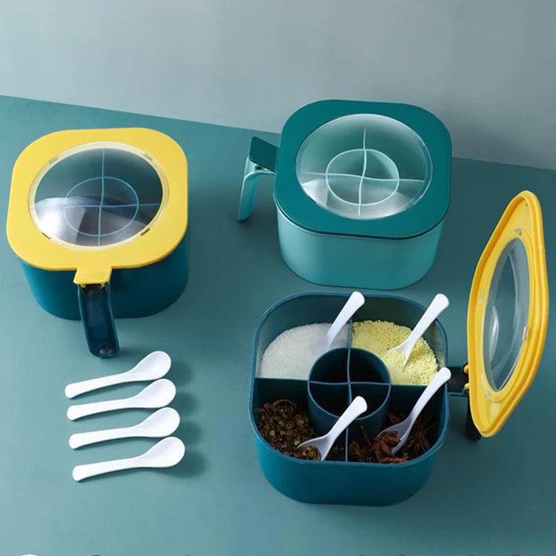 4-in-1 Multi Compartment Spice Jar with Spoon Salt Pepper Container