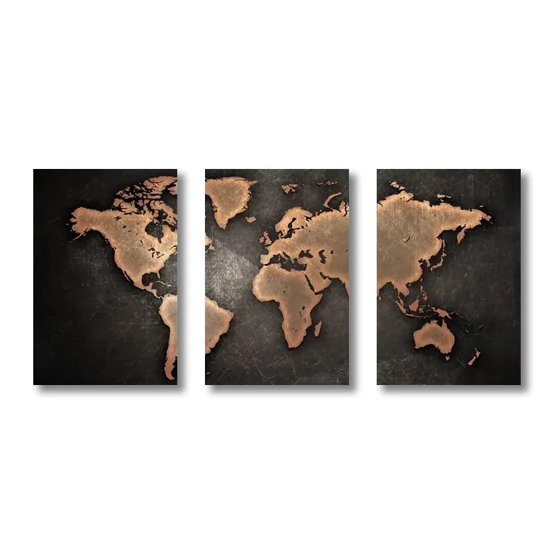 Retro World Map 3-Piece Canvas Wall Art Set Nordic Home Decor Posters