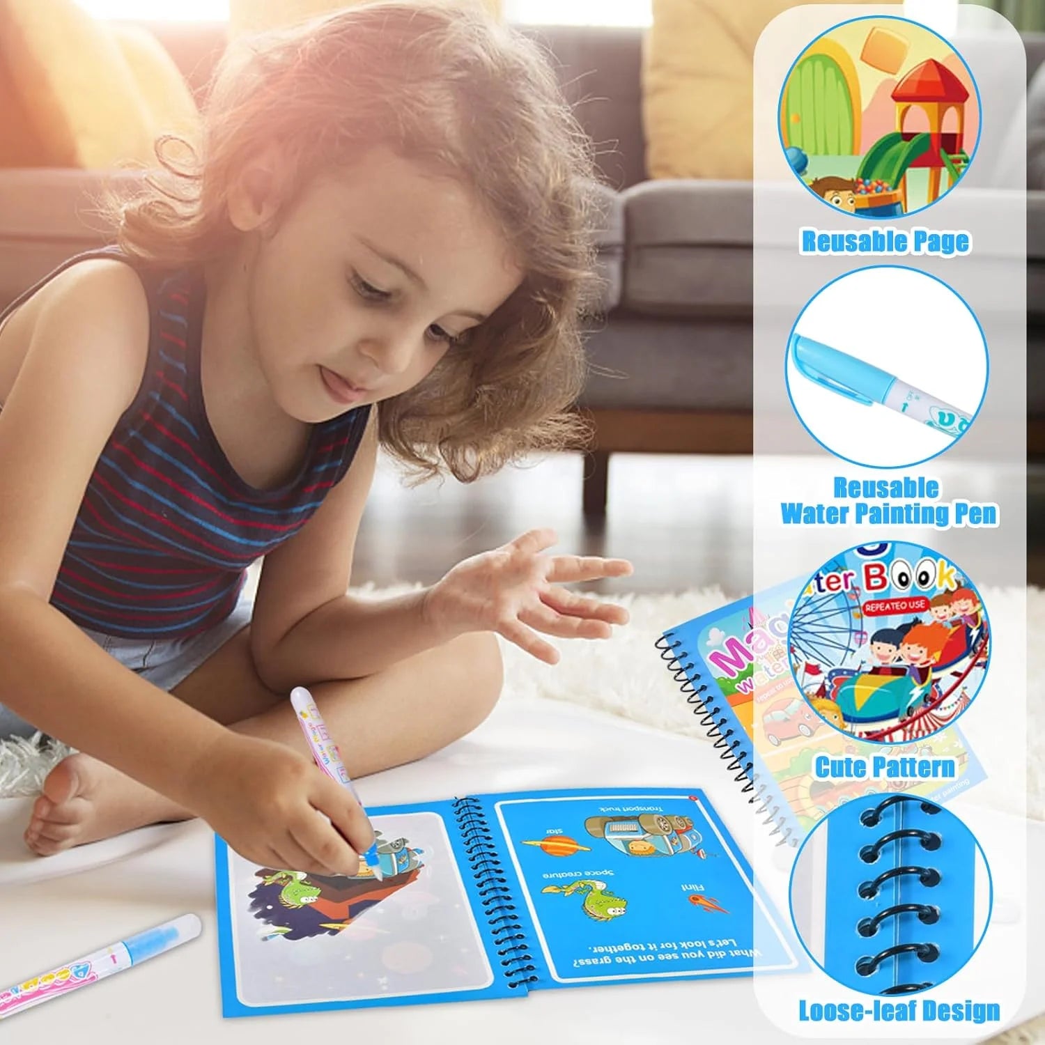 Magic Water Drawing Book Reusable Mess-Free Paint Pad Refillable Pen