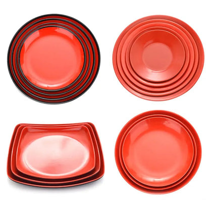 Round Red Melamine Plate - Durable Plastic Self-Service Tableware