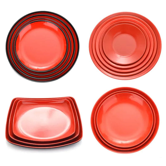 Round Red Melamine Plate - Durable Plastic Self-Service Tableware