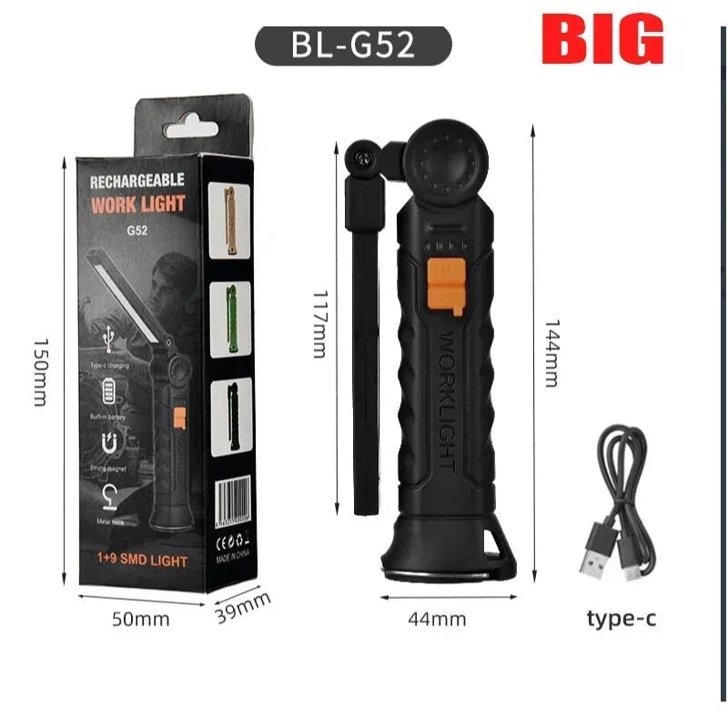 USB Rechargeable COB LED Work Light Magnetic Portable Camping Torch