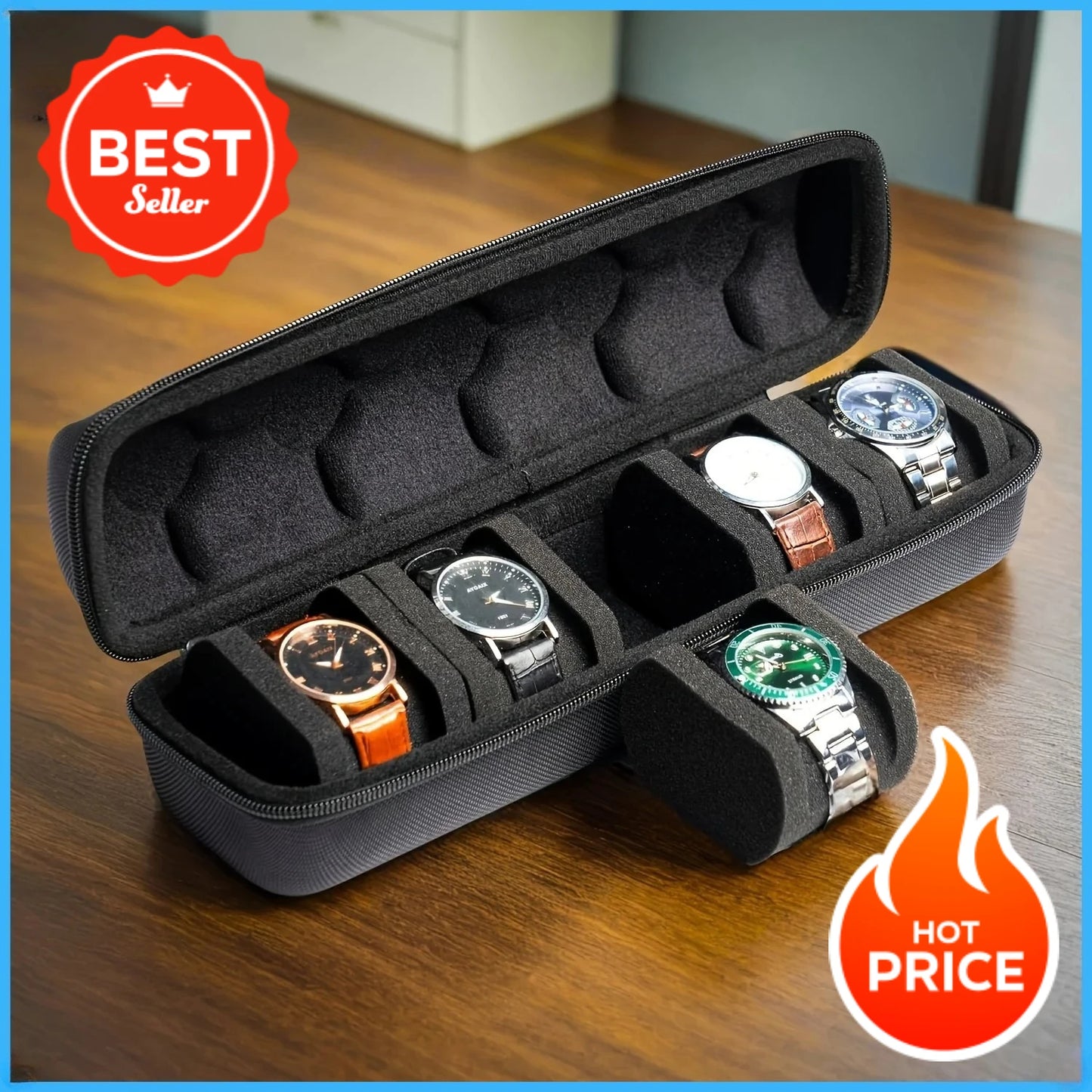 5-Slot Hard Shell Watch Case Travel Organizer Black with Pillows