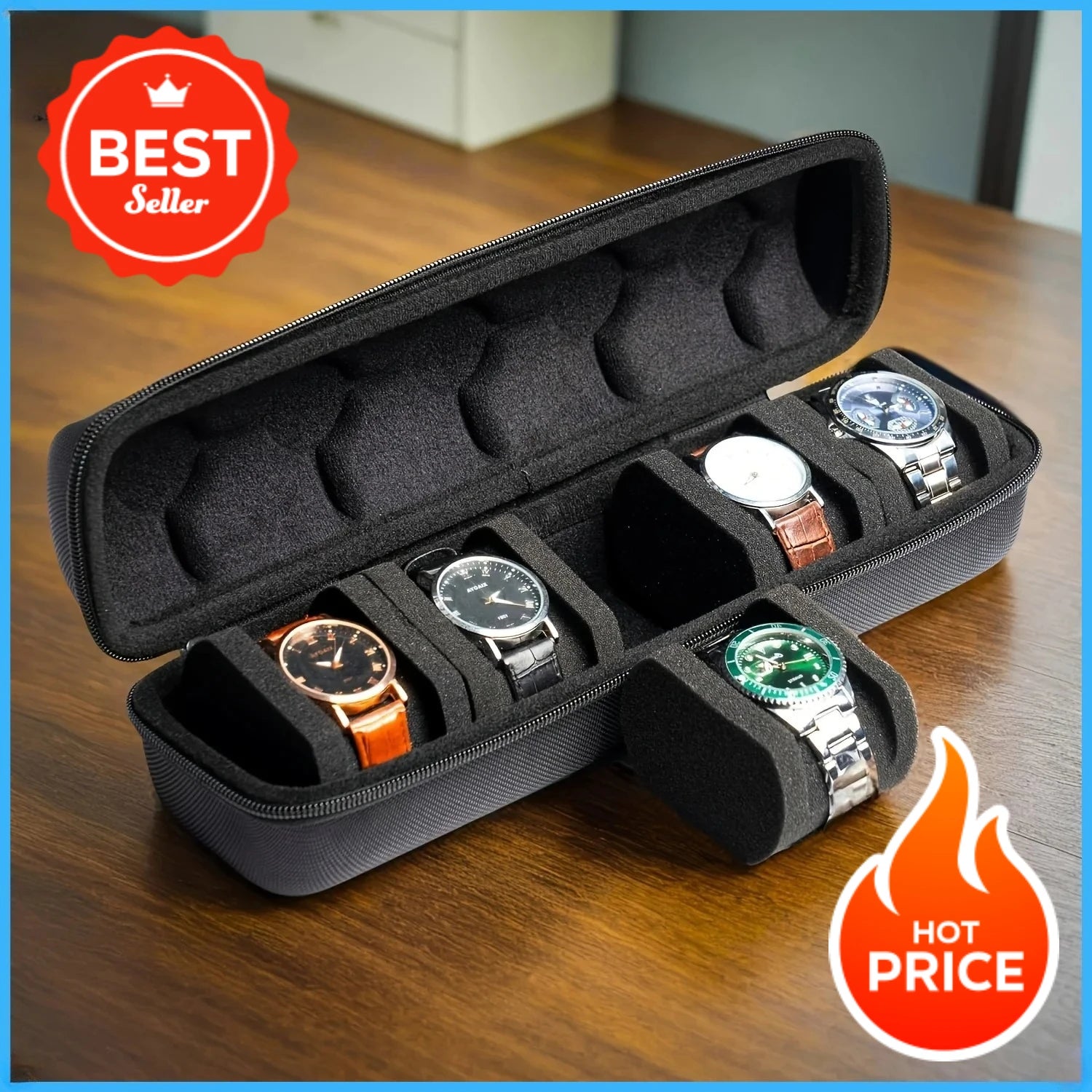 5-Slot Hard Shell Watch Case Travel Organizer Black with Pillows