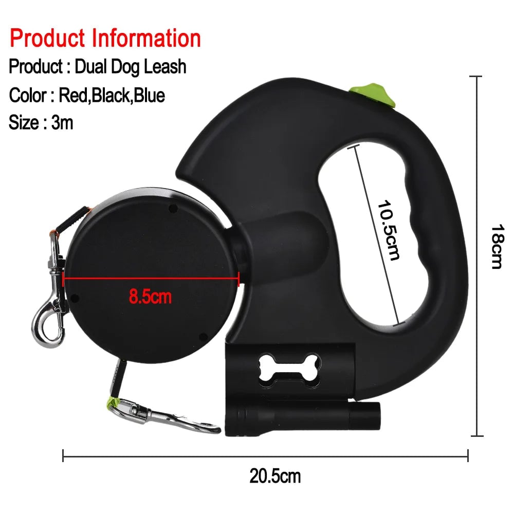 3m Retractable Dog Leash Dual Lead 360° Swivel Reflective Small Dogs