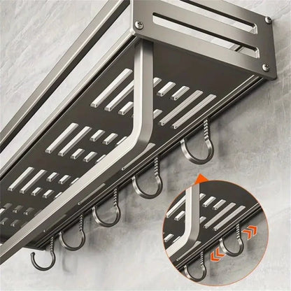 Aluminum Wall-Mounted Spice Rack with Hooks - Kitchen Storage Shelf