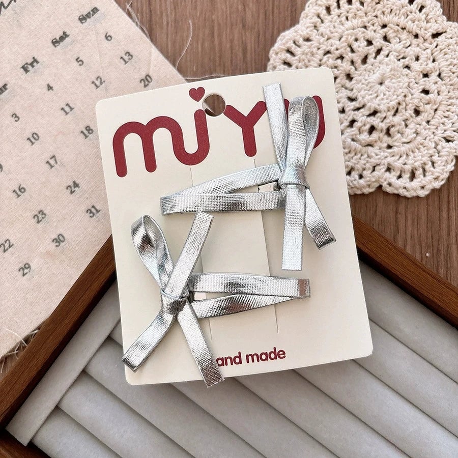 Silver PU Leather Hair Clips - Korean Style Snap Clips for Girls