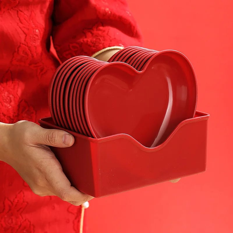 Red Heart Shaped Plates Set - Wedding Festival Cake Snack Serving