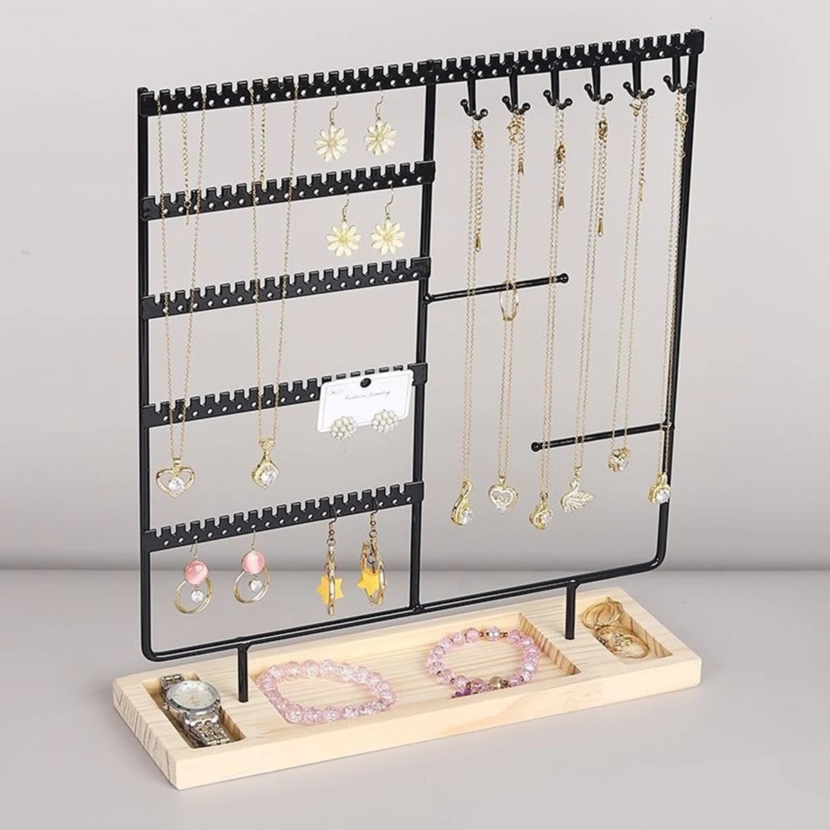 Metal Jewelry Organizer Stand with Wooden Tray - Multi-Functional