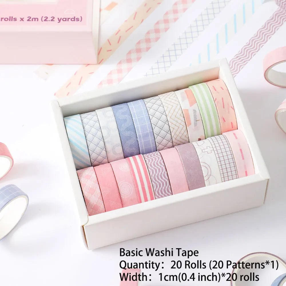 20 Rolls Thin Washi Tape Set - Simple Masking Tape for DIY Crafts