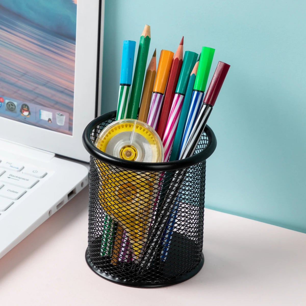 Metal Mesh Pencil Holder Square Round Desk Organizer Pen Cup Case