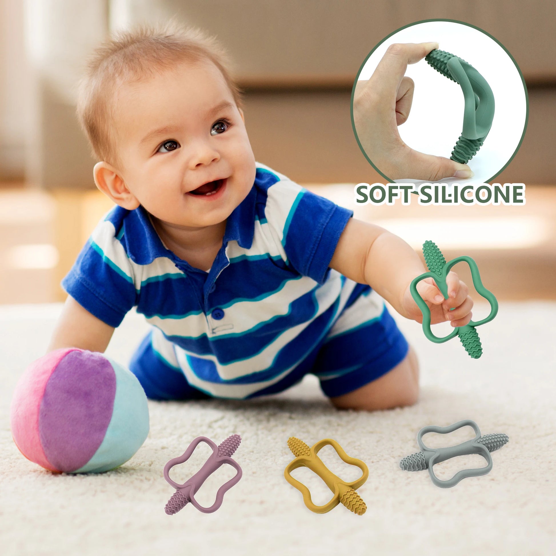 Food Grade Silicone Baby Teething Toys Easy Grip 0-6-12 Months