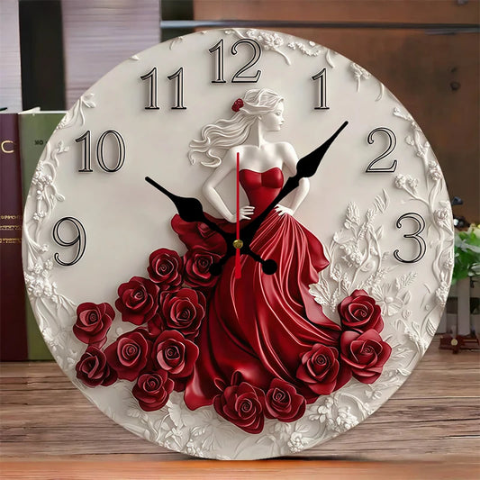 Woman Red Roses Wooden Round Silent Wall Clock - Home Decoration