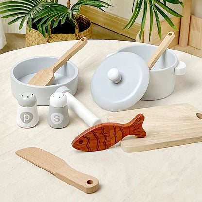 Wooden Kitchen Play Set - Chef Role Play Toys with Pots Pans & Food