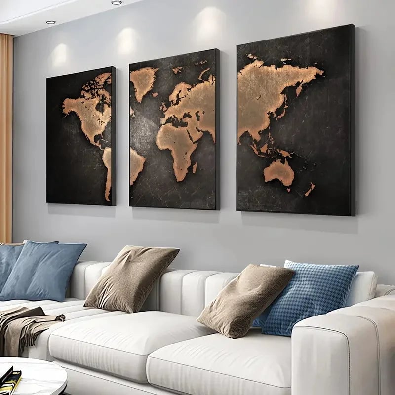 Retro World Map 3-Piece Canvas Wall Art Set Nordic Home Decor Posters