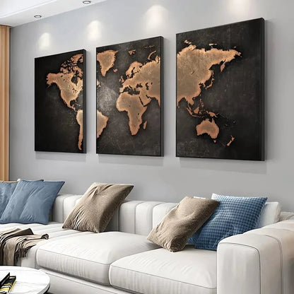 Retro World Map 3-Piece Canvas Wall Art Set Nordic Home Decor Posters
