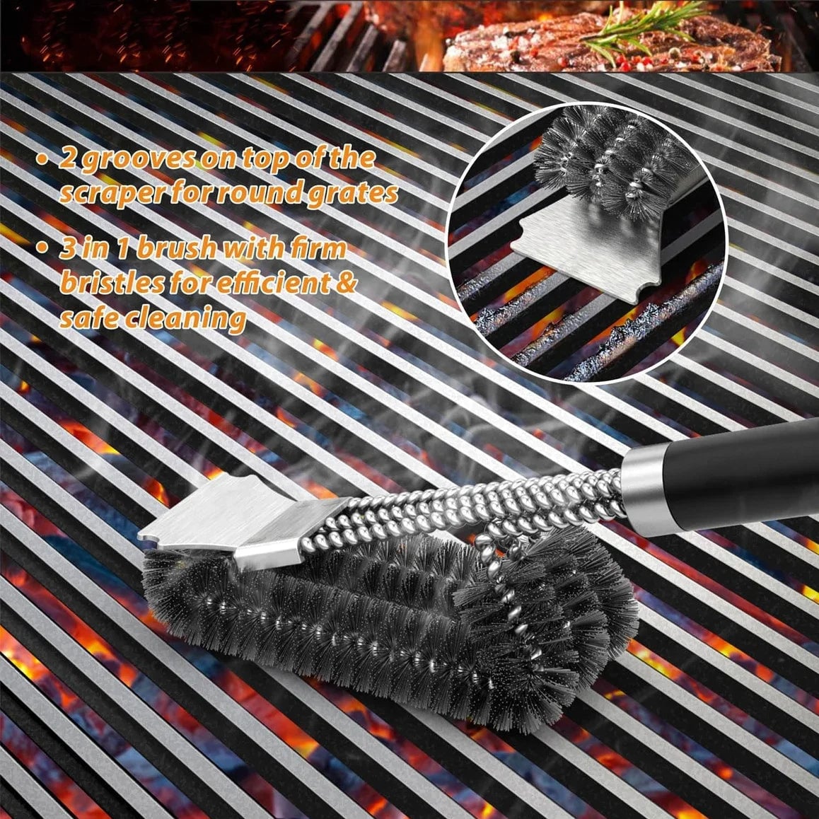 Stainless Steel BBQ Grill Cleaning Brush with Scraper Tool