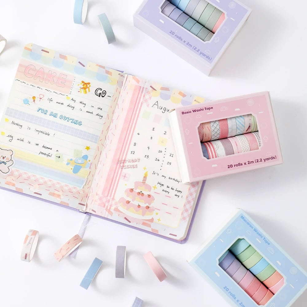20 Rolls Thin Washi Tape Set - Simple Masking Tape for DIY Crafts
