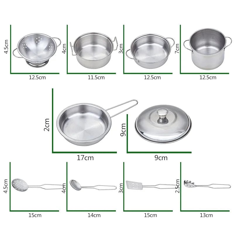 Kids Stainless Steel Cookware Play Set - Pots Pans Kitchen Utensils