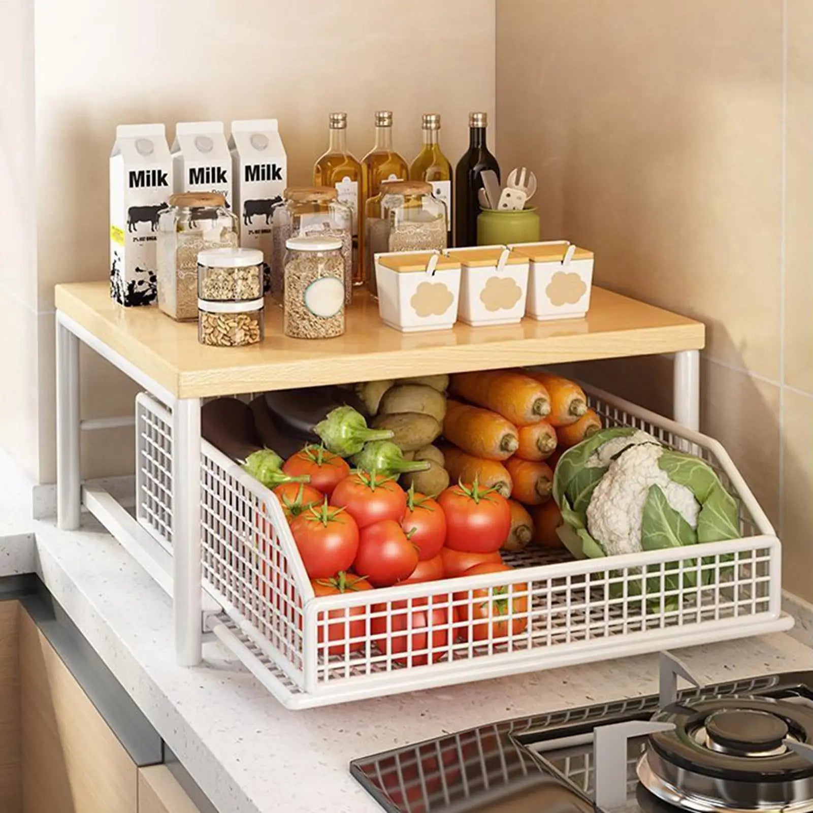 Multi-Tier Kitchen Storage Rack with Drawer - Vegetable Organizer