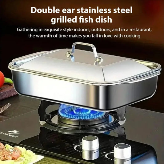 Stainless Steel Nonstick BBQ Fish Tray with Lid - Deep Baking Pan