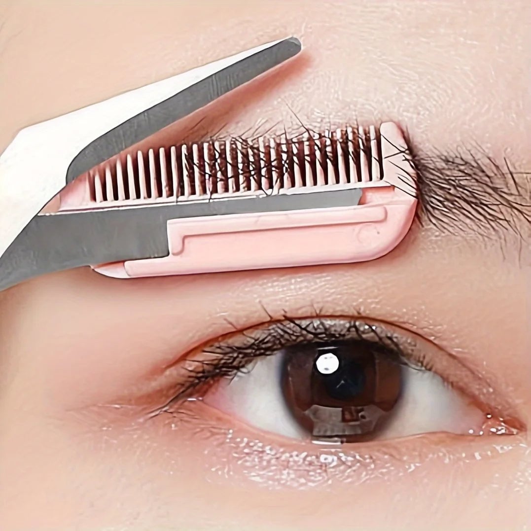Pink Stainless Steel Eyebrow Scissors with Built-in Comb Precision Tool
