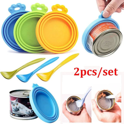 2pcs Reusable Silicone Pet Food Can Covers with Spoon for Dogs Cats