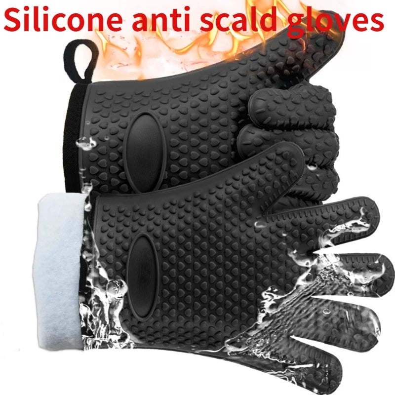 Heat Resistant Silicone Oven Mitts Anti-Scald BBQ Baking Gloves