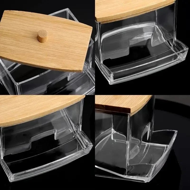 Transparent Cotton Swab Storage Box with Bamboo Lid Double Organizer