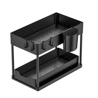 2-Tier Pull Out Cabinet Organizer with Hooks - Kitchen Bathroom