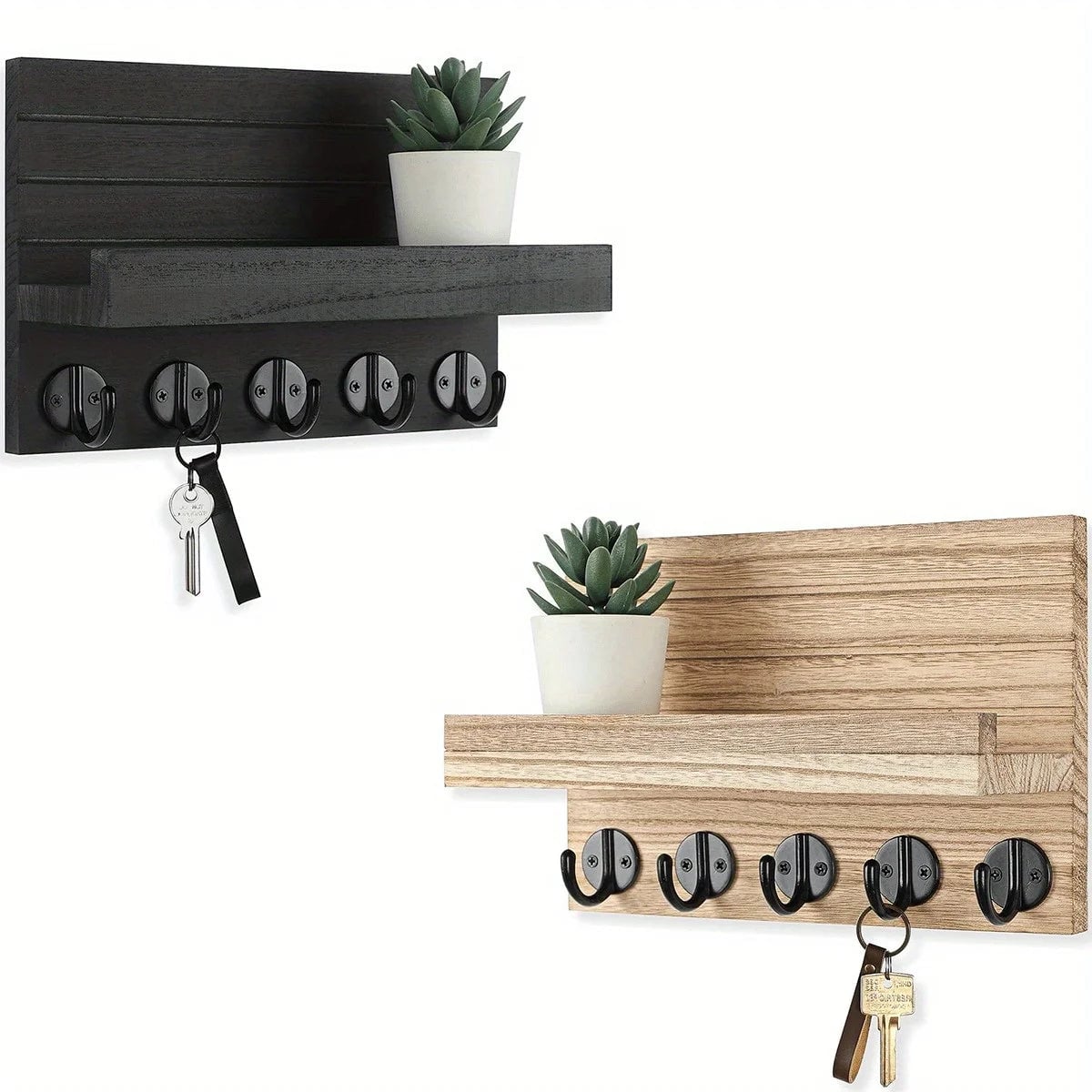 Wooden Key Holder Wall Mounted Mail Organizer 5 Hook Rustic Rack