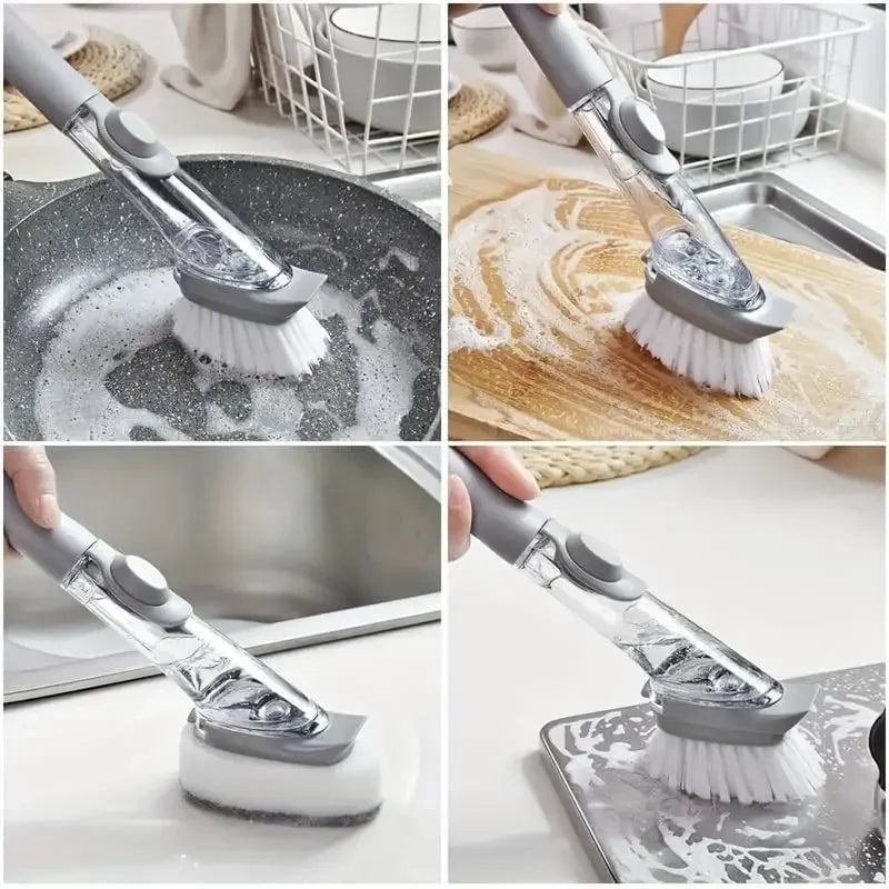 Soap Dispensing Kitchen Sponge Brush Long Handle Press Type Scrubber