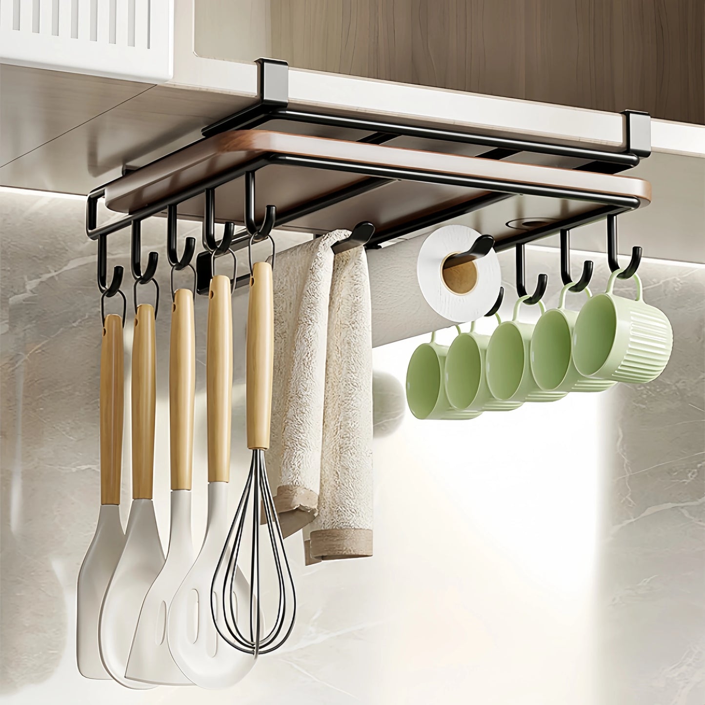 Under Cabinet Kitchen Hanging Organizer Rack Wall Mount Hooks