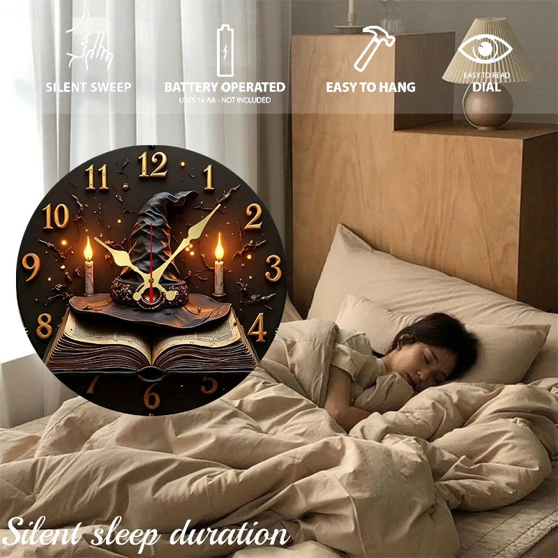 Wizard Hat Books Wooden Wall Clock Silent Round Home Decor