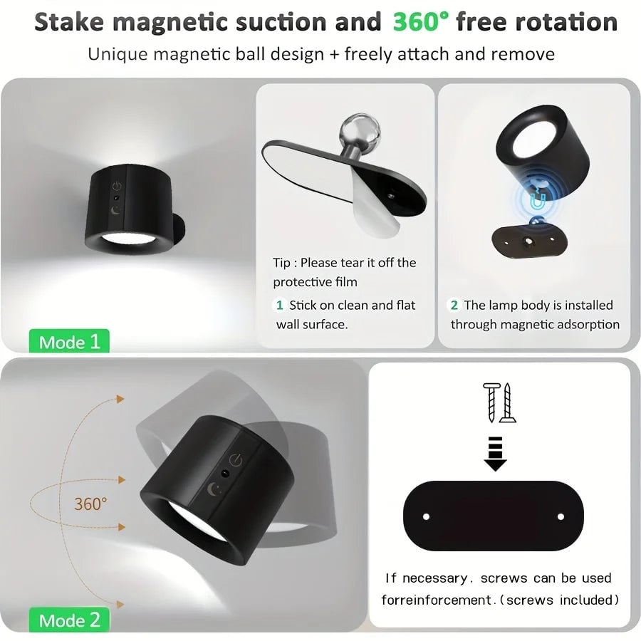 Magnetic LED Wall Lamp 360° Rotation Rechargeable Remote Control
