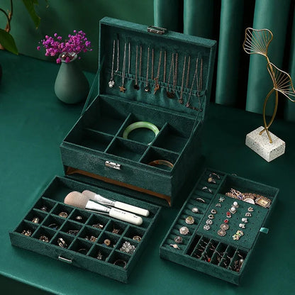 Green Velvet Jewelry Box Double Lock Large Capacity Vintage Style