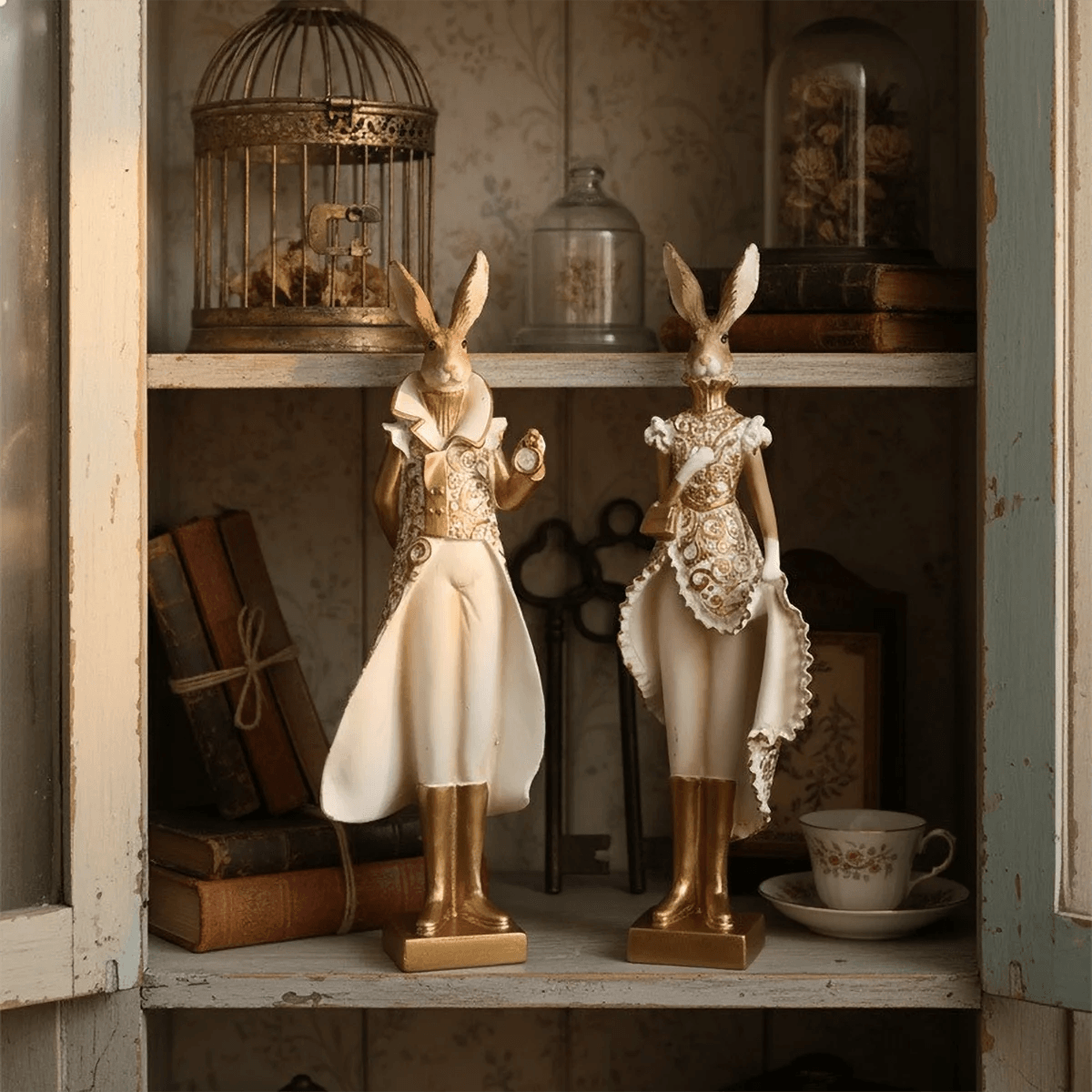 32.5cm Gold White Resin Rabbit Sculpture Fantasy Home Decor