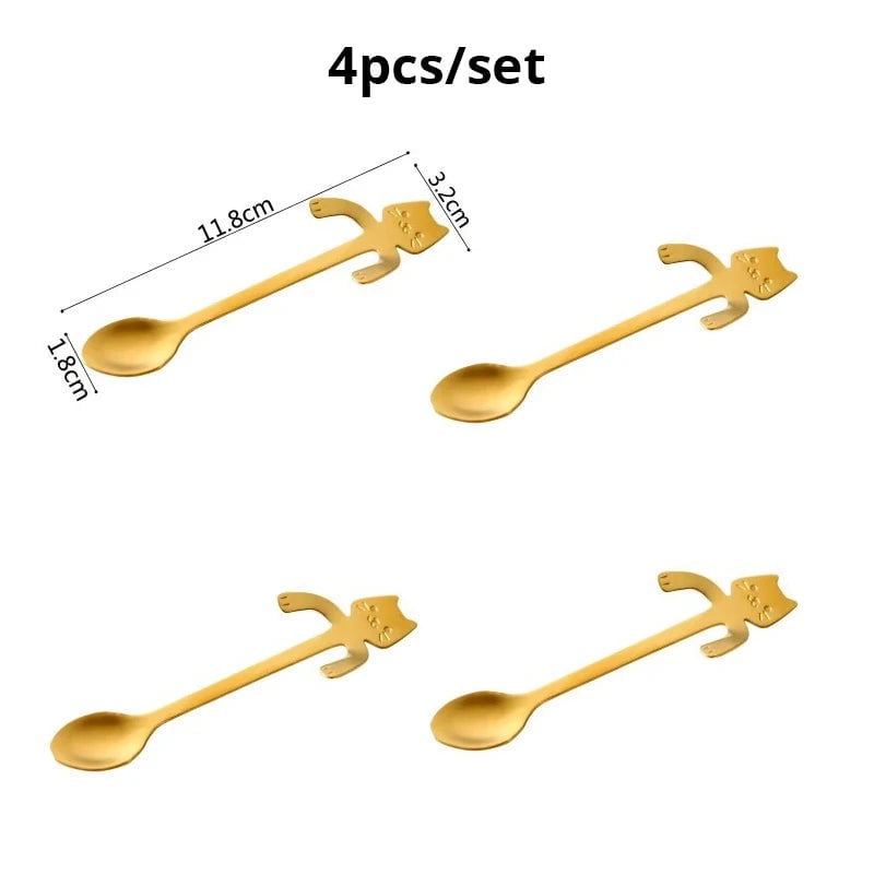 4pc Stainless Steel Mini Cat Kitten Coffee Tea Dessert Spoons Set