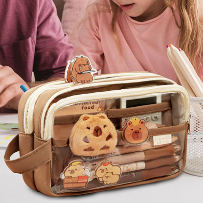 Layered Capybara Canvas Pencil Case Set - Multi-Compartment with Doll
