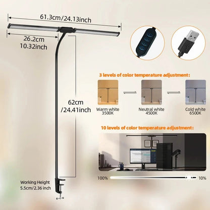 LED Clamp Desk Lamp Dimmable Double Head Eye-Care Office Reading