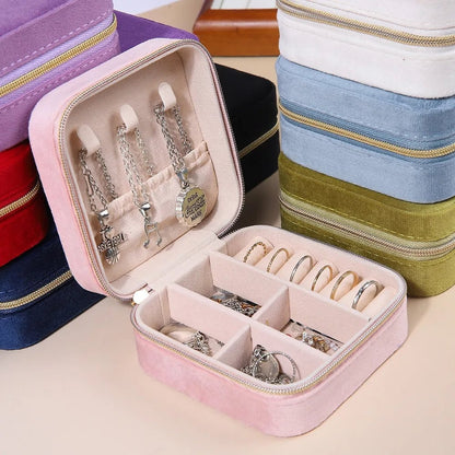 Velvet Travel Jewelry Box - Portable Square Organizer with Zipper