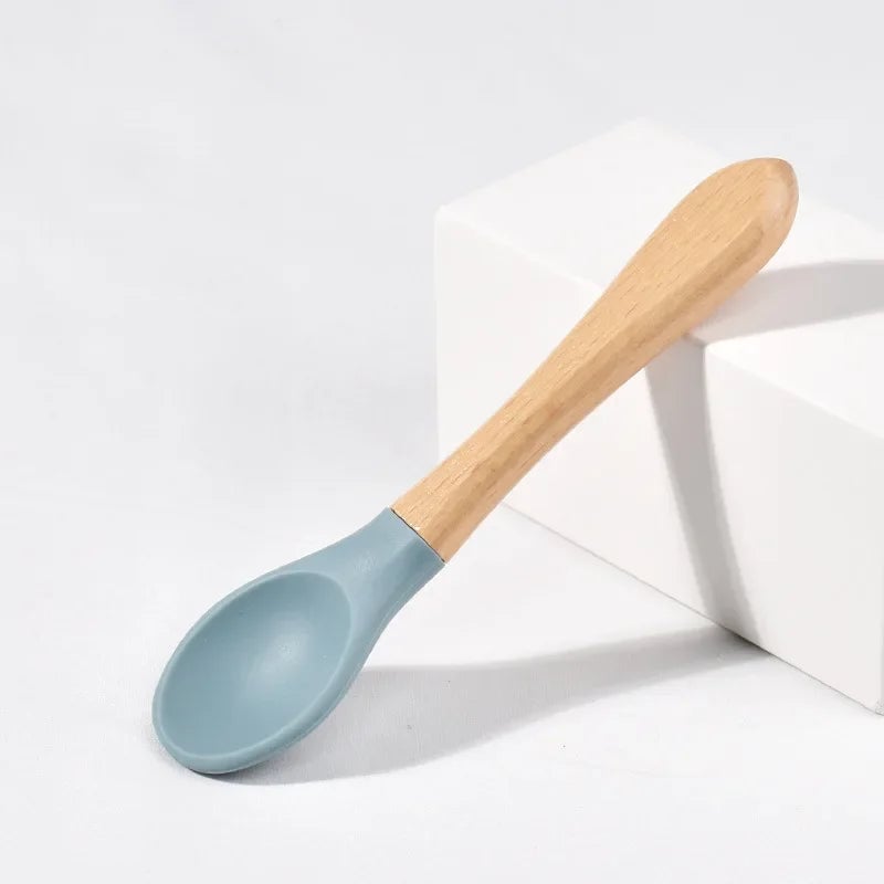 BPA Free Silicone Baby Spoon Fork Set - Wooden Handle Feeding